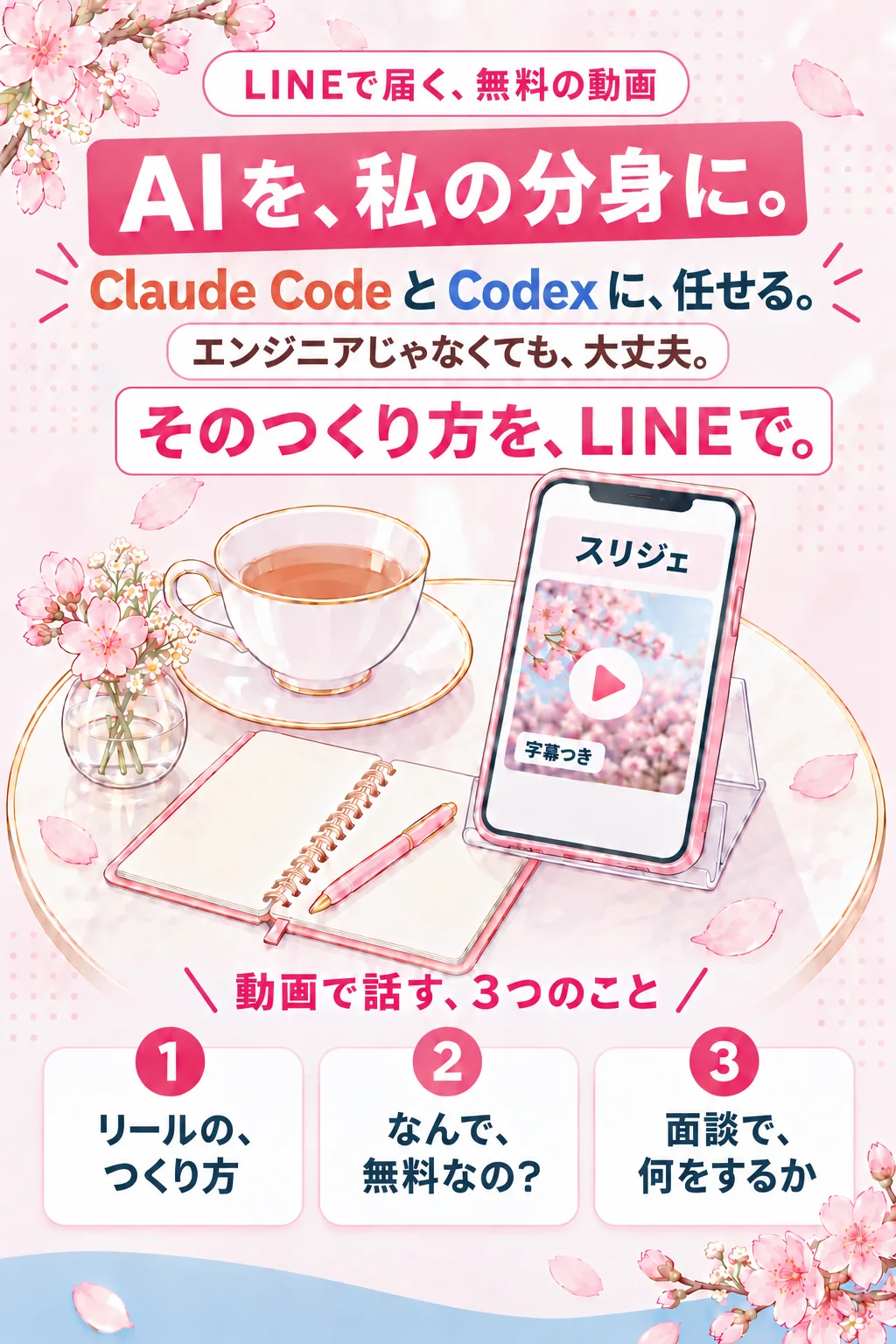 LINEで届く、無料の動画　AIを、私の分身に。　Claude Code と Codex に、任せる。　エンジニアじゃなくても、大丈夫。　そのつくり方を、LINEで。　動画で話す、3つのこと　1 リールの、つくり方　2 なんで、無料なの？　3 面談で、何をするか　字幕つき　(絵: カフェのテーブルに立てたスマホに、スリジェから字幕つきの動画が届いている)