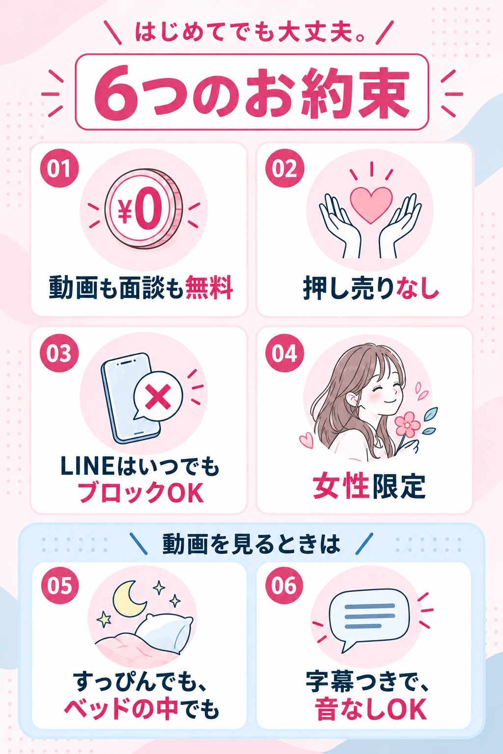 　01 動画も面談も無料　02 押し売りなし　03 LINEはいつでもブロックOK　04 女性限定　動画を見るときは：05 すっぴんでも、ベッドの中でも　06 字幕つきで、音なしOK