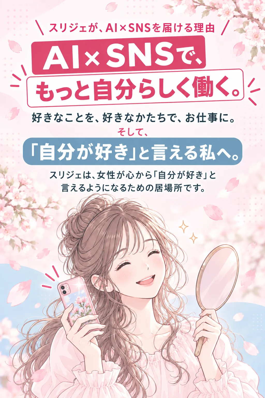 スリジェが、AI×SNSを届ける理由　AI×SNSで、もっと自分らしく働く。　好きなことを、好きなかたちで、お仕事に。　そして、「自分が好き」と言える私へ。　スリジェは、女性が心から「自分が好き」と言えるようになるための居場所です。