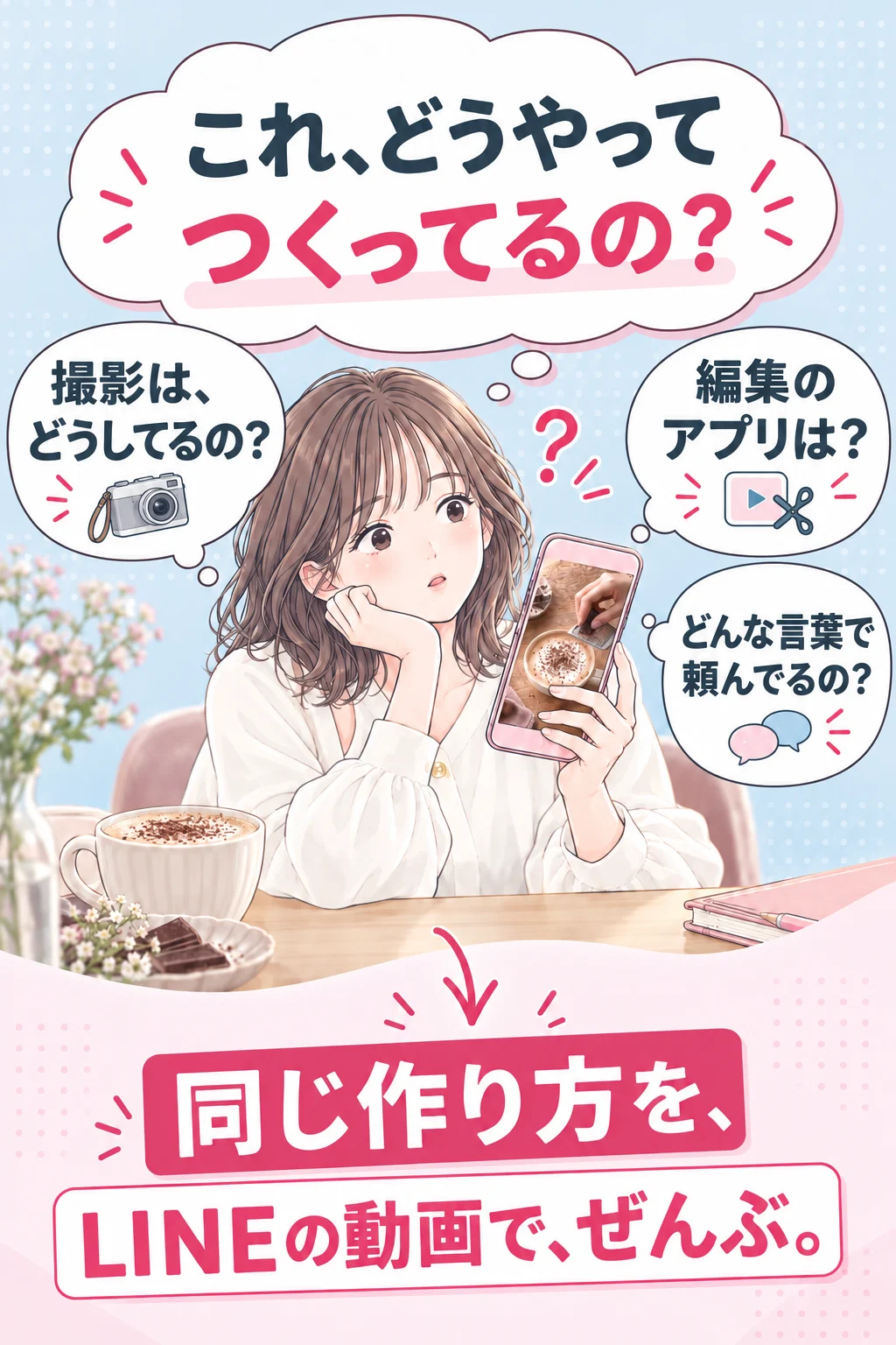 これ、どうやってつくってるの？　撮影は、どうしてるの？　編集のアプリは？　どんな言葉で頼んでるの？　同じ作り方を、LINEの動画で、ぜんぶ。